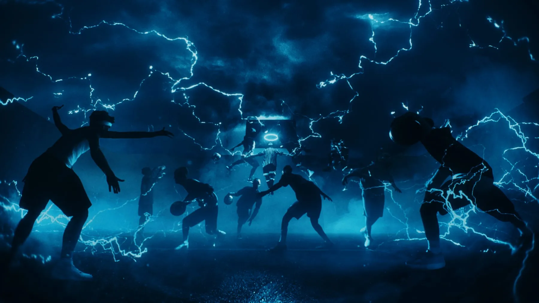 Silhouettes on the court inside a storm of blue lightning