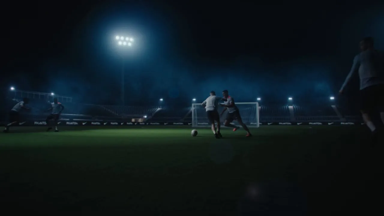 A floodlit training pitch in wide shot, players small against it