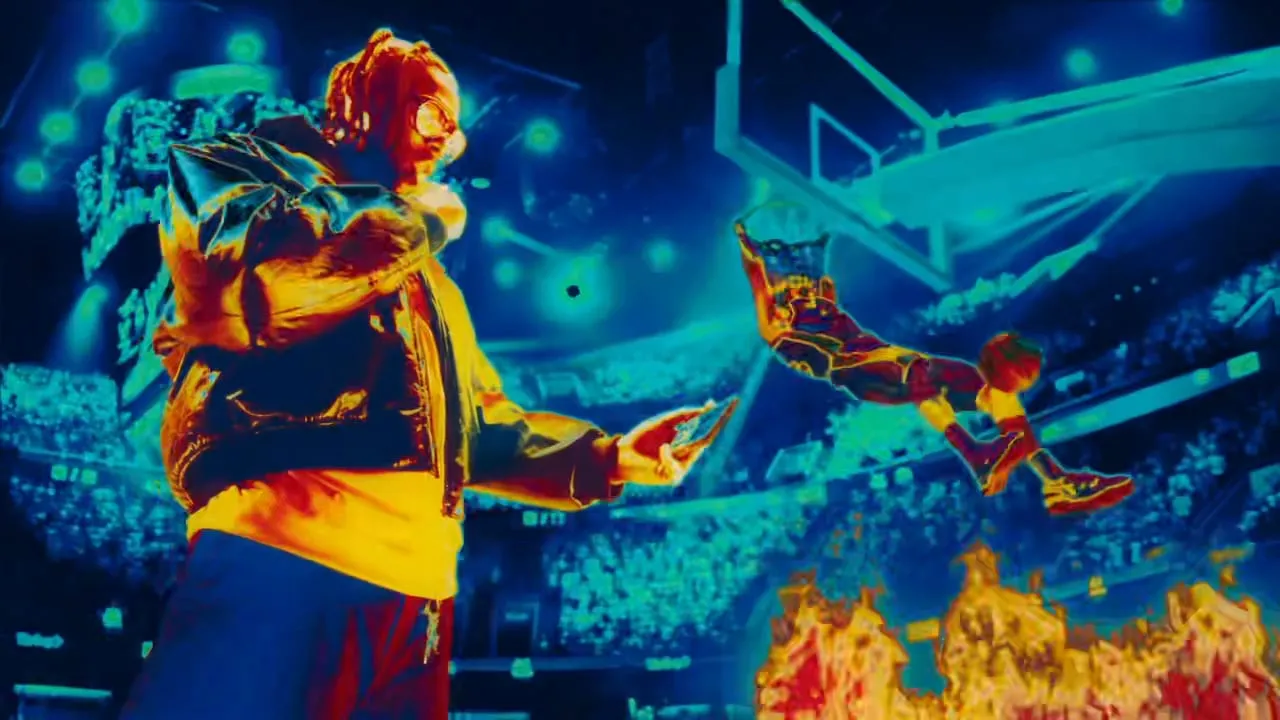 A basketball world rendered in heat-map orange and blue, a player mid-drive