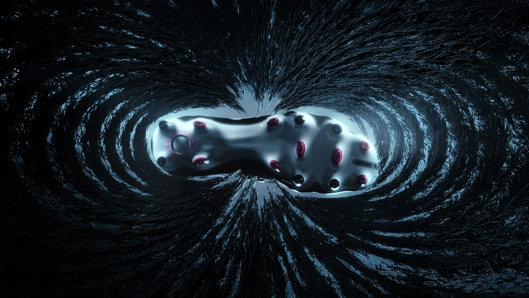 The boot at the centre of a vortex of iron filings, field lines curling around the sole
