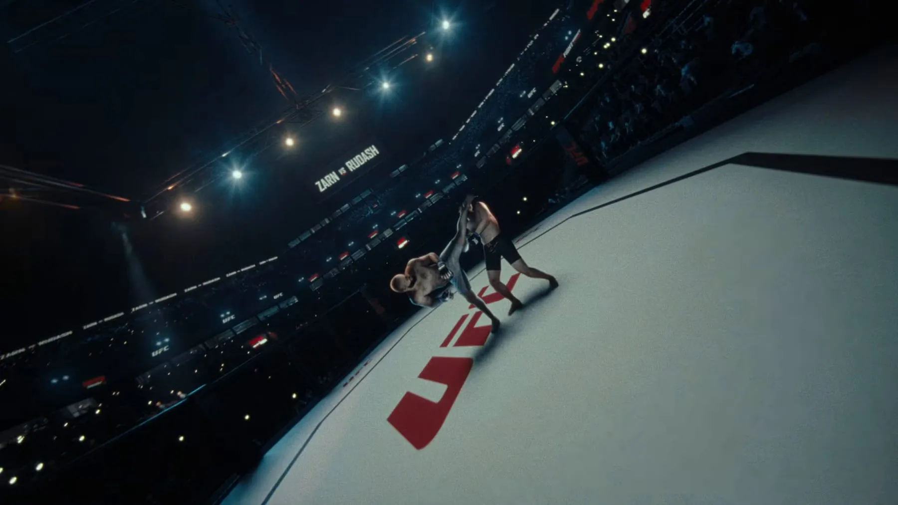 The octagon from above, the canvas and the lit stands beyond it